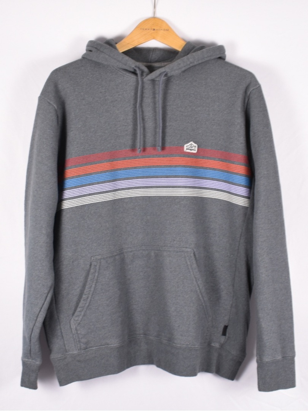 Patagonia Gray Hooded Sweatshirt with Red & Blue Stripe Detail